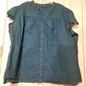 ANA A New Approach Teal Blue Embroidered Cotton Button Down Blouse‎ 3X Plus Size